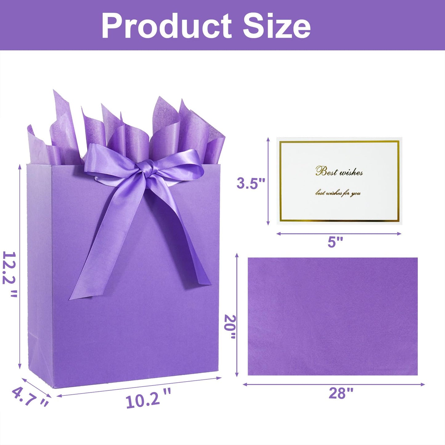 Elegant Purple Gift Bag 10.2"x4.7"x12.2" with Ribbons Handles, Includes Card and Tissue Papers for Weddings, Birthdays, Baby Shower, Parties, Holidays