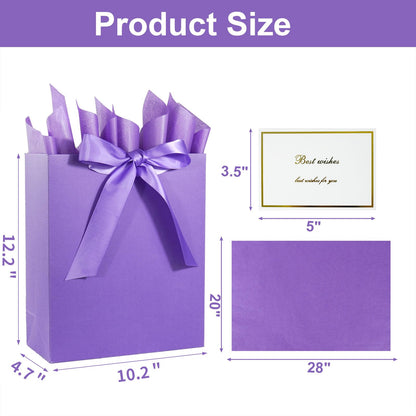 Elegant Purple Gift Bag 10.2"x4.7"x12.2" with Ribbons Handles, Includes Card and Tissue Papers for Weddings, Birthdays, Baby Shower, Parties, Holidays