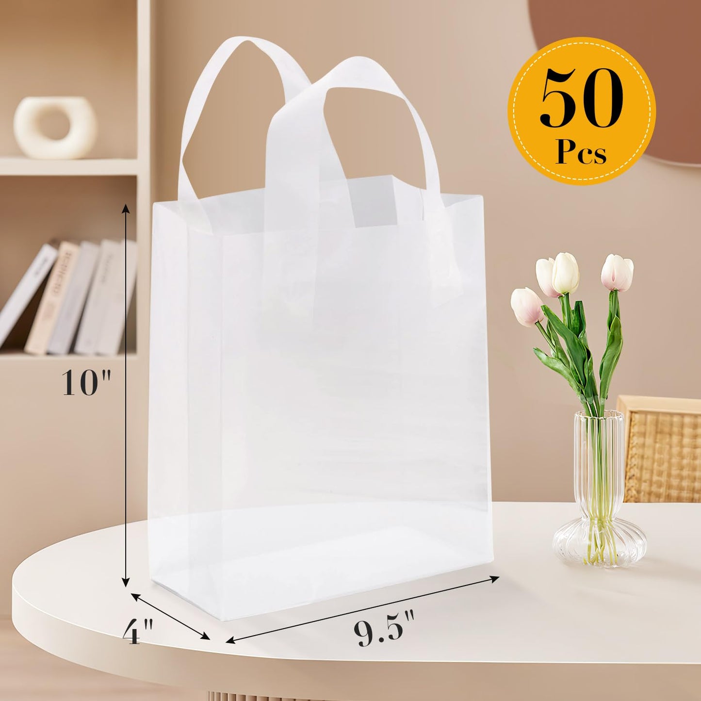 Clear Gift Bags with Handles, Shopping Bags for Small Business, (50, 9.5x4x10-Inch)