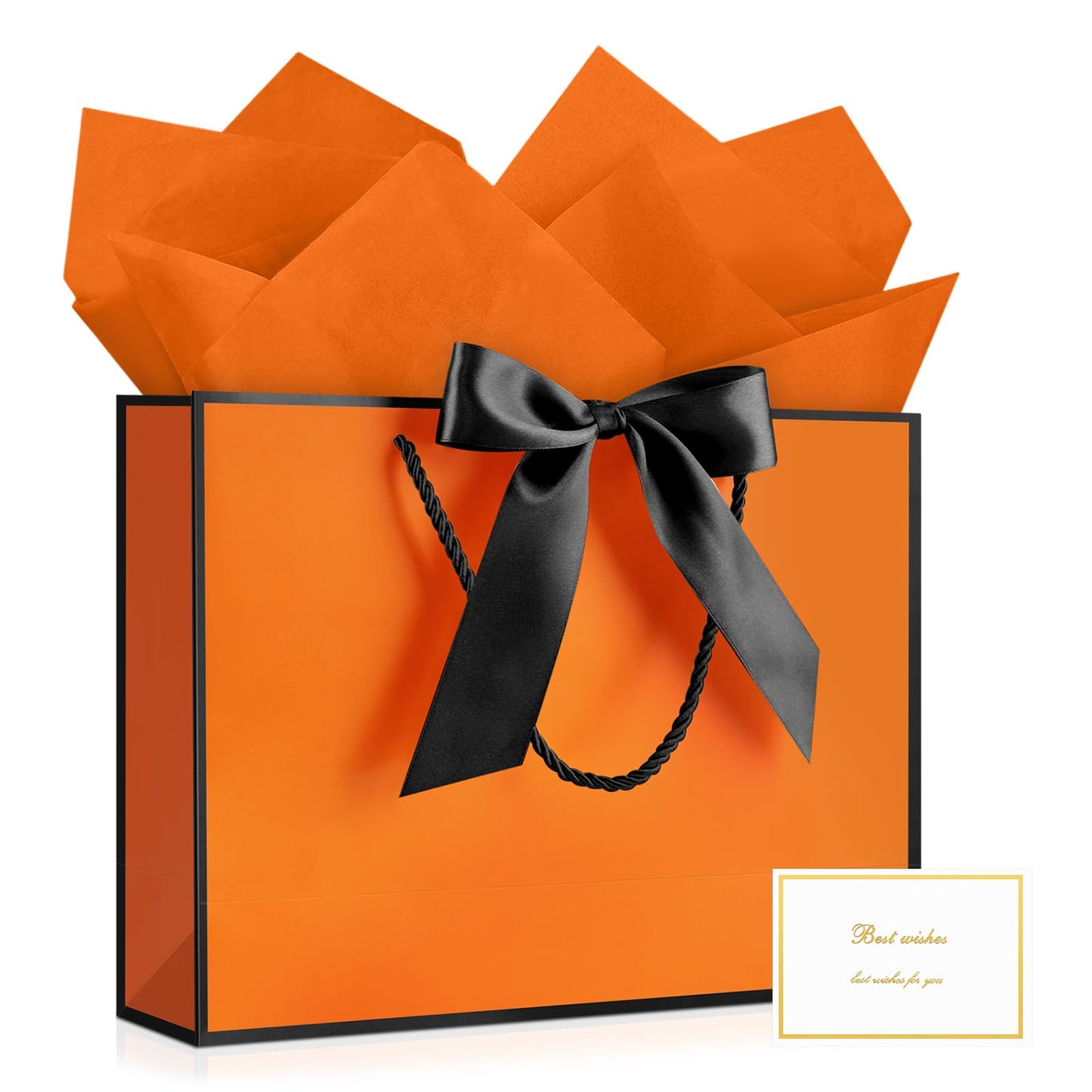 JMANNI Gift Bags with Handles, 13” Medium Gift Bag for Presents, 1 Pcs Bags with 2 Tissue Paper and 1 Cards for Graduation Baby Shower Wedding Fathers Day Mother's Day Birthday Party (Orange-Black