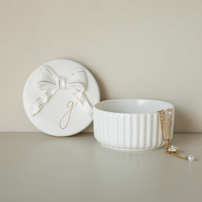 COLLECTIVE HOME - Monogram Jewelry Box with Bow, Christmas Gift Ideas for Women, Small Gift for Girlfriend Wife, Ring Holder, Earrings Dish, Birthday Gift for Her (G)