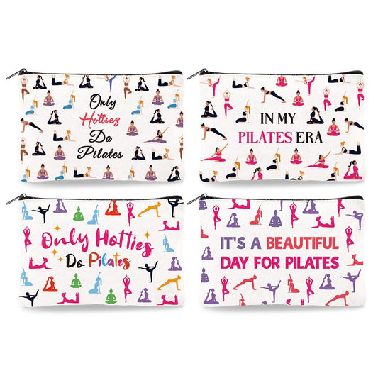 4Pcs Canvas Pilates Teacher Appreciation Gifts Makeup Bag - 9.06" x 5.9" Only Hotties Do Pilates Cosmetic Bags Travel Organizer Portable Accessories with Zipper, Purse Organizer Pouches