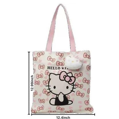 Cute Cartoon Kitty Tote Bag – Pink and White Kawaii Style Reusable Shoulder Bag – Adorable Lightweight Canvas Tote for Women