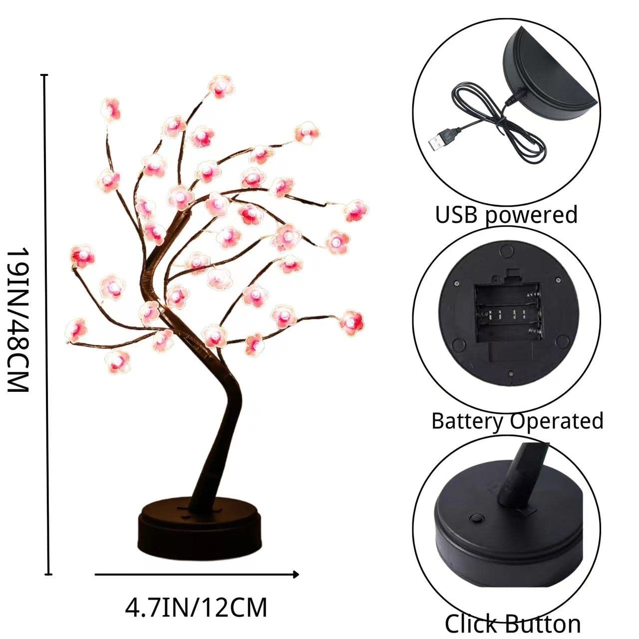 Cherry Blossom Tree Lamp, 18inch 36 Led Bonsai Tree Lights, Battery/USB Operated Japanese Decor Night Lights for Teacher Appreciation Graduation Back to School Bedroom Home Gift Idea,Warm White