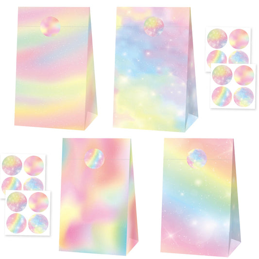 24 Pcs Pastel Rainbow Goodie Bags with Stickers, Coloful Party Favor Bags Rainbow Party Favor Bag Pastel Gift Bag for Rainbow Birthday Wedding Decor