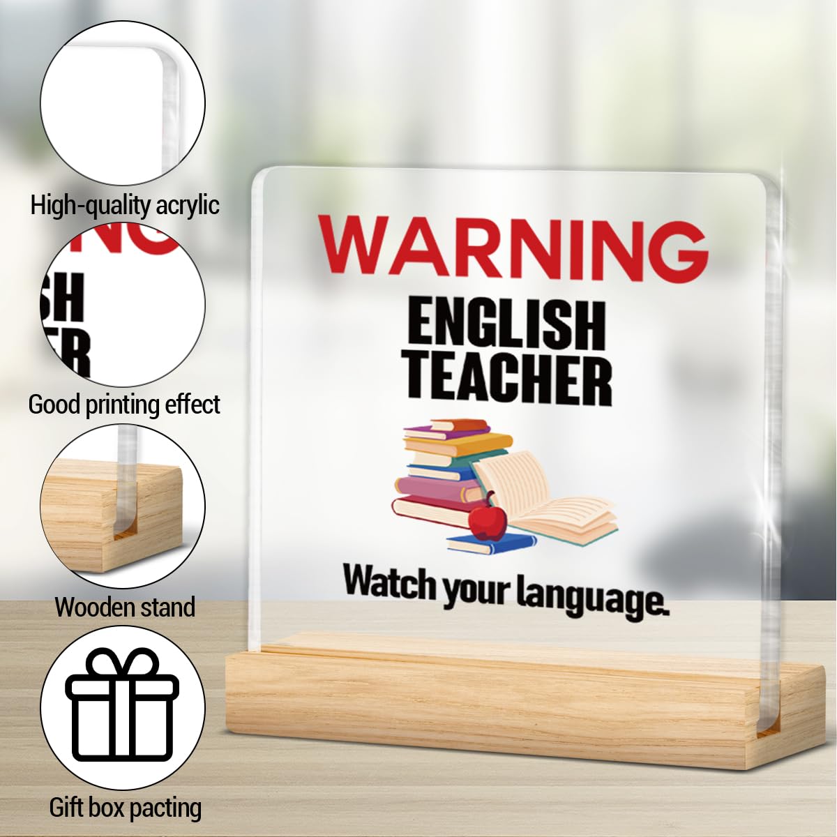 Funny English Teacher Office Decor Sign - Watch Your Language Acrylic Decorative Sign for Classroom Office - White Elephant Gag Gifts for English Teacher 4 X 4 Inch