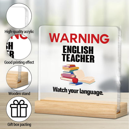 Funny English Teacher Office Decor Sign - Watch Your Language Acrylic Decorative Sign for Classroom Office - White Elephant Gag Gifts for English Teacher 4 X 4 Inch
