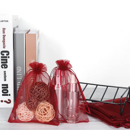 HRX Package 100pcs Organza Bags Burgundy Red, 5x7 inch Mesh Drawstring Gift Bags Jewelry Pouches for Christmas Candy Party Favor