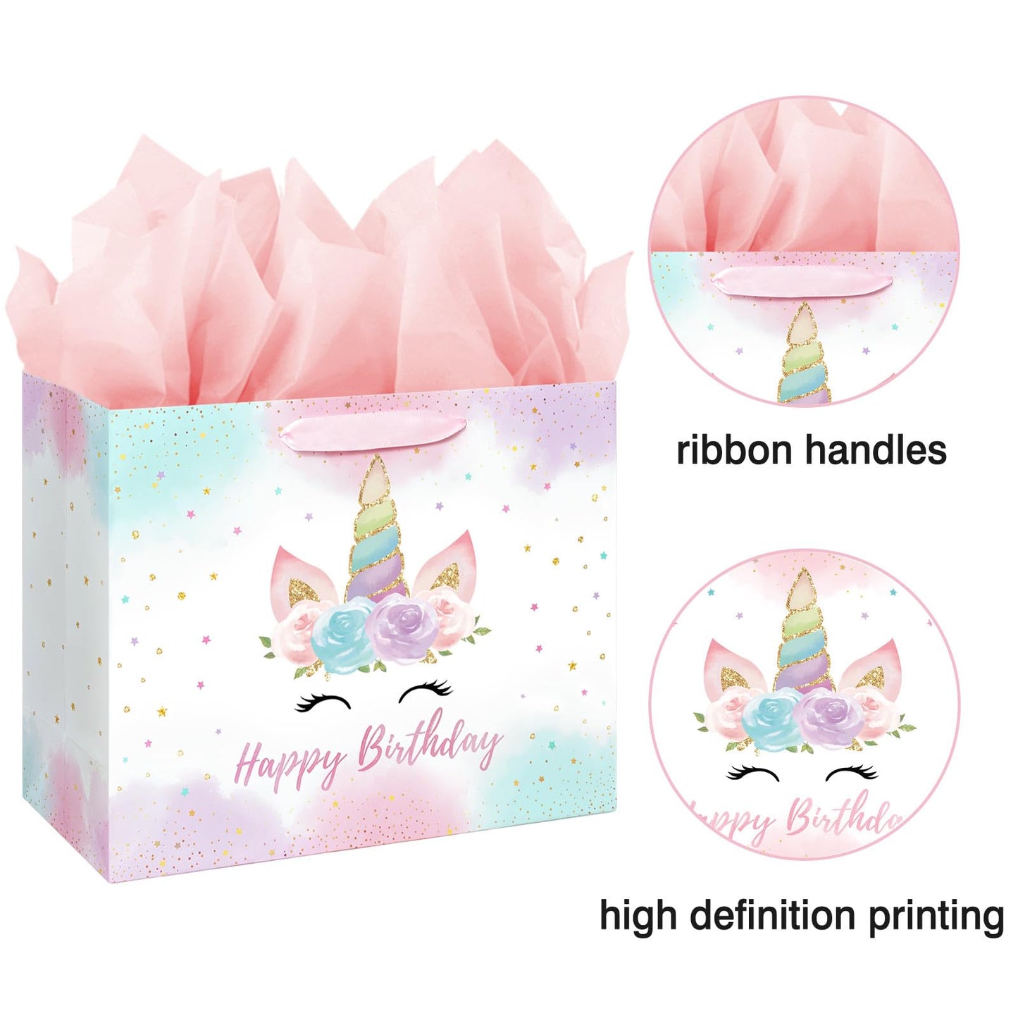 16.5" Large Unicorn Birthday Gift Bag with Card and Tissue Paper for Baby Girls and Kids Birthday (16.5 inch Pink)