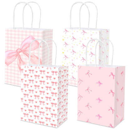 MUZRUYOU Pink Bow Goodie Bags 16 Pcs - Pink Gift Favor Bags with Handles for Birthday Party, Baby Shower, Bridal Shower, Bachelorette Supplies Coquette Theme