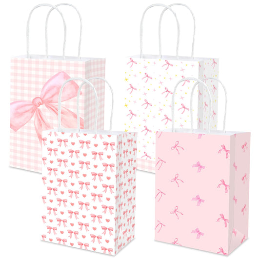 MUZRUYOU Pink Bow Goodie Bags 16 Pcs - Pink Gift Favor Bags with Handles for Birthday Party, Baby Shower, Bridal Shower, Bachelorette Supplies Coquette Theme