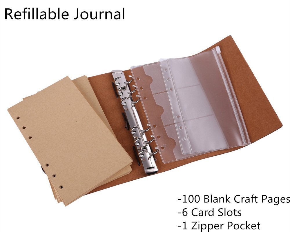 Leather Writing Journal Notebook, MALEDEN Vintage Traveler Notebook Sketchbook Classic Refillable Diary Planner for Girls and Boys with Blank Paper and Zipper Pocket
