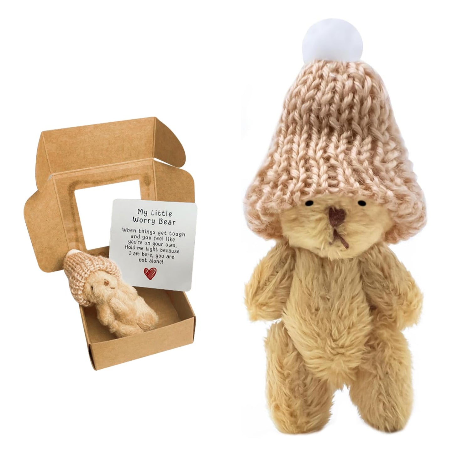 A Handmade Bear Wearing a hat, with an Encouraging Card Included in the Packaging. This Pocket-Sized Handmade Bear Brings Comfort to Adults—It's the for Loved Ones, Family, and Friends.