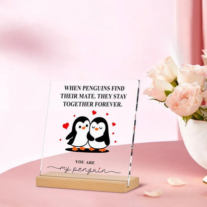 Romantic Penguin Acrylic Plaque with Wooden Stand, 5.9×5.9 Inch Clear Acrylic for Home Office Decor, Wedding Engagement Anniversary Birthday Valentines Day Gifts for Couples Him Her
