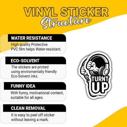 3 Pcs TURN'T UP Sticker – Cool DJ Microphone and Headphone Design Vinyl Decal Waterproof for Laptop, Water Bottle, Tumbler, Skateboard, Phone – Party Vibe Gift for Music Lovers – 3 Inch