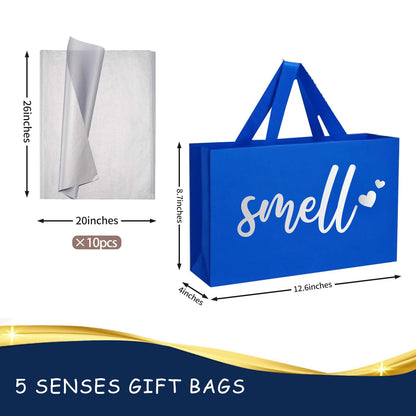 YIXAXKAO 5 Senses Gift Bags Five Senses Gift Bags with Tissue Paper Kraft Paper Bag with Ribbon Handles for Anniversary, Valentine's Day, Birthday for Him Husband Boyfriend (Blue Silver)