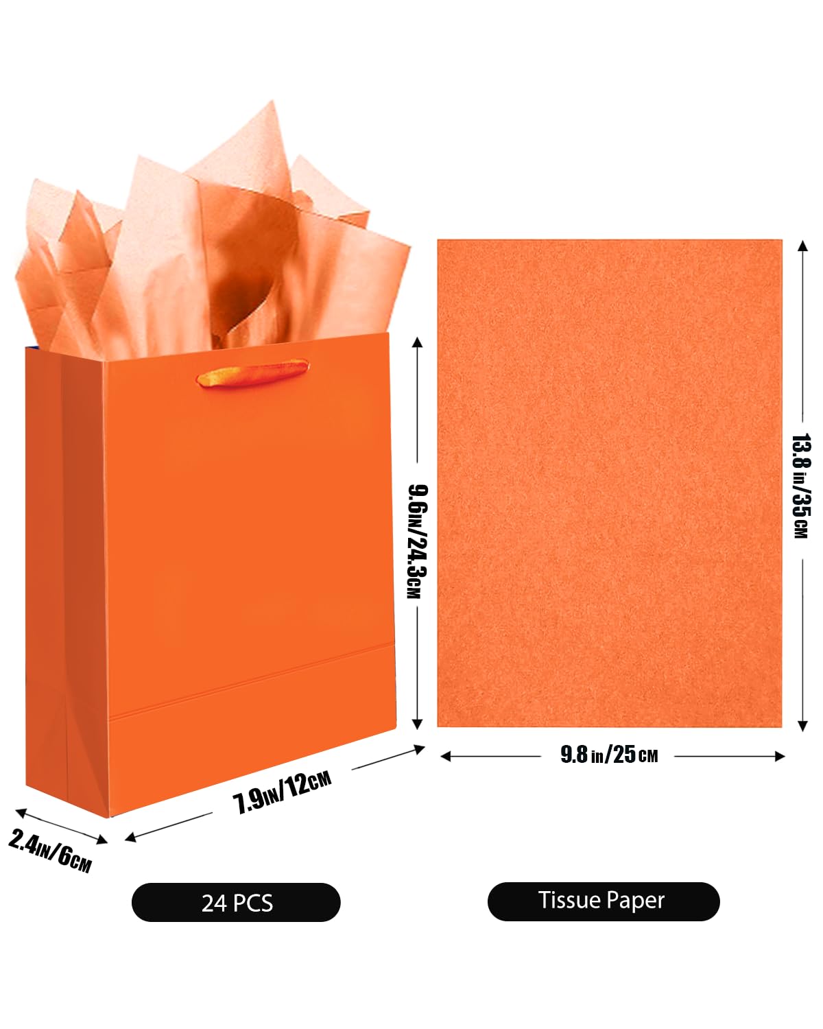 qiqee 24pcs Bright Orange Gift Bags with Tissue Paper for Wedding, Birthday, Party Supplies-7.9"x4.3"x9.6" Medium Size Cardboard Gift Bags（24pcs Bags + Tissue Paper ）