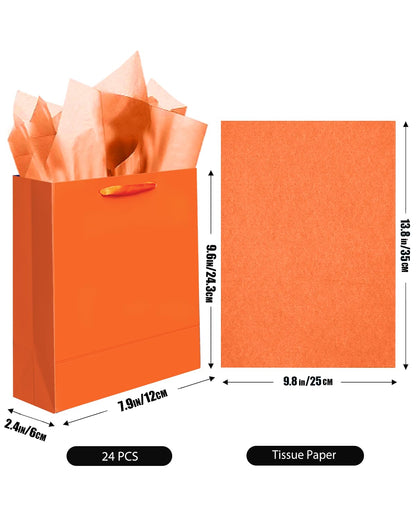 qiqee 24pcs Bright Orange Gift Bags with Tissue Paper for Wedding, Birthday, Party Supplies-7.9"x4.3"x9.6" Medium Size Cardboard Gift Bags（24pcs Bags + Tissue Paper ）