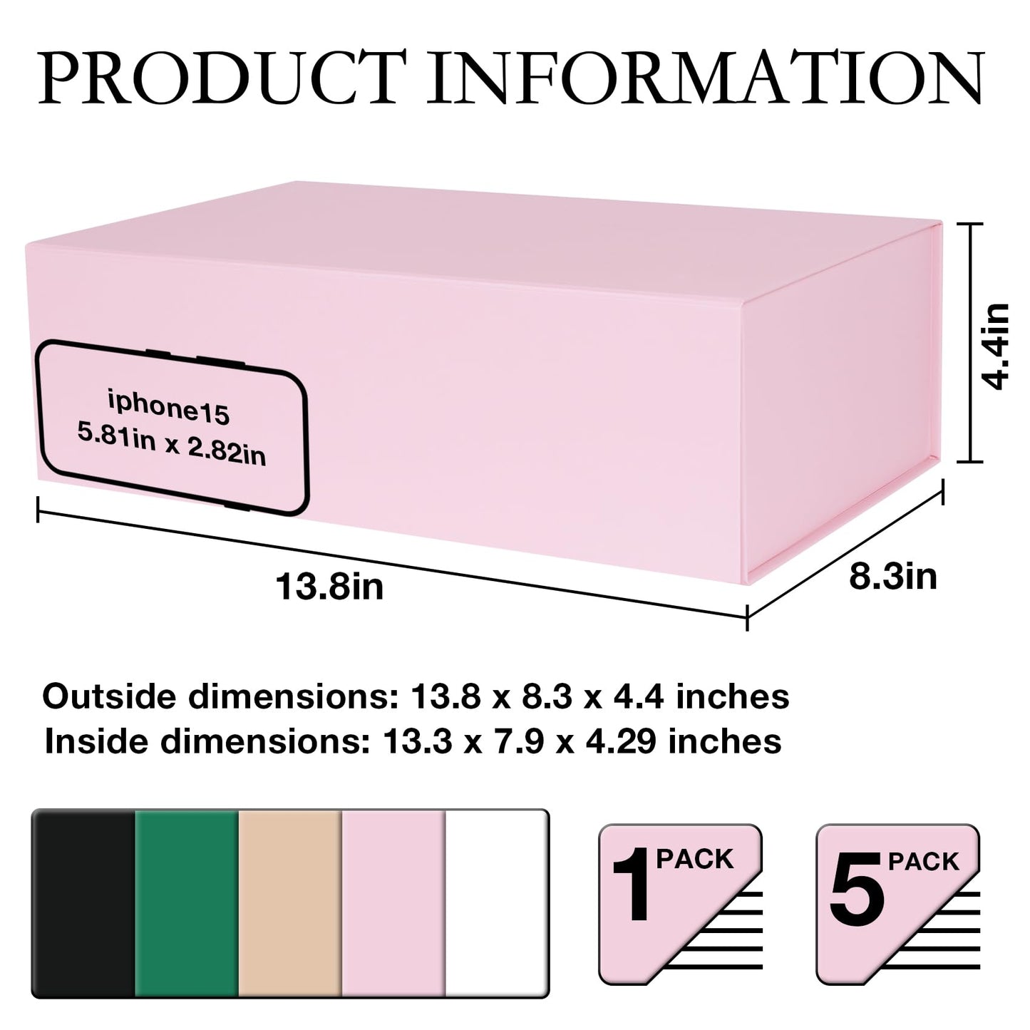 LFBOX Pink Gift Box with Magnetic Lids 13.8x8.3x4.4 in, Large Present Box for Bridesmaid Proposal Wedding Mother's Day 1 Pack