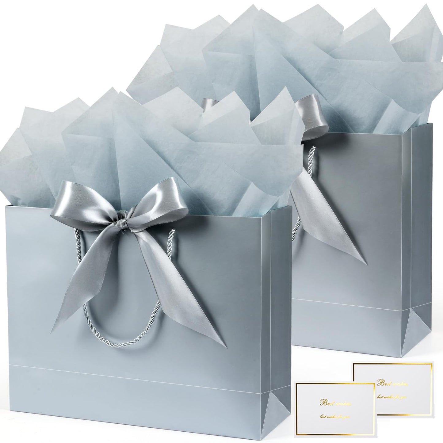 Large Gift Bags, 2PCS Gift Bags with Handle Tissue Paper Greeting Card, 13’’ Portable Birthday Gift Bag Set, Silver Present Bags for Birthday Party Favor Wedding Baby Shower Father’s Day, 13x10x4inch