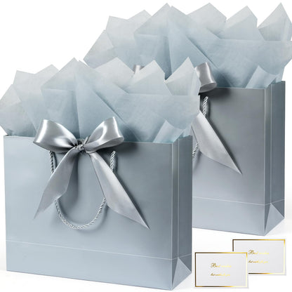 Large Gift Bags, 2PCS Gift Bags with Handle Tissue Paper Greeting Card, 13’’ Portable Birthday Gift Bag Set, Silver Present Bags for Birthday Party Favor Wedding Baby Shower Father’s Day, 13x10x4inch