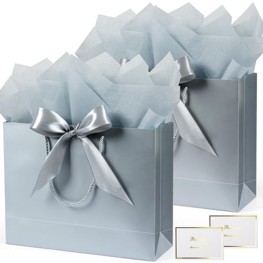 Large Gift Bags, 2PCS Gift Bags with Handle Tissue Paper Greeting Card, 13’’ Portable Birthday Gift Bag Set, Silver Present Bags for Birthday Party Favor Wedding Baby Shower Father’s Day, 13x10x4inch