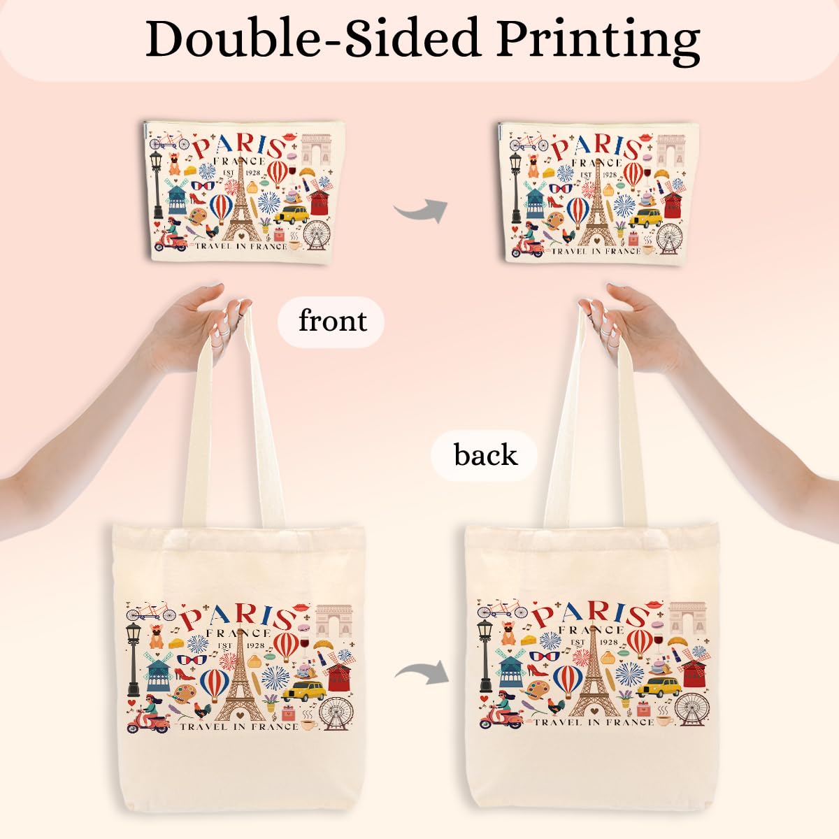 Paris Airplane Travel Gifts Cosmetic Makeup Bag Beach Canvas Tote Bag for Women Girls Christmas Birthday
