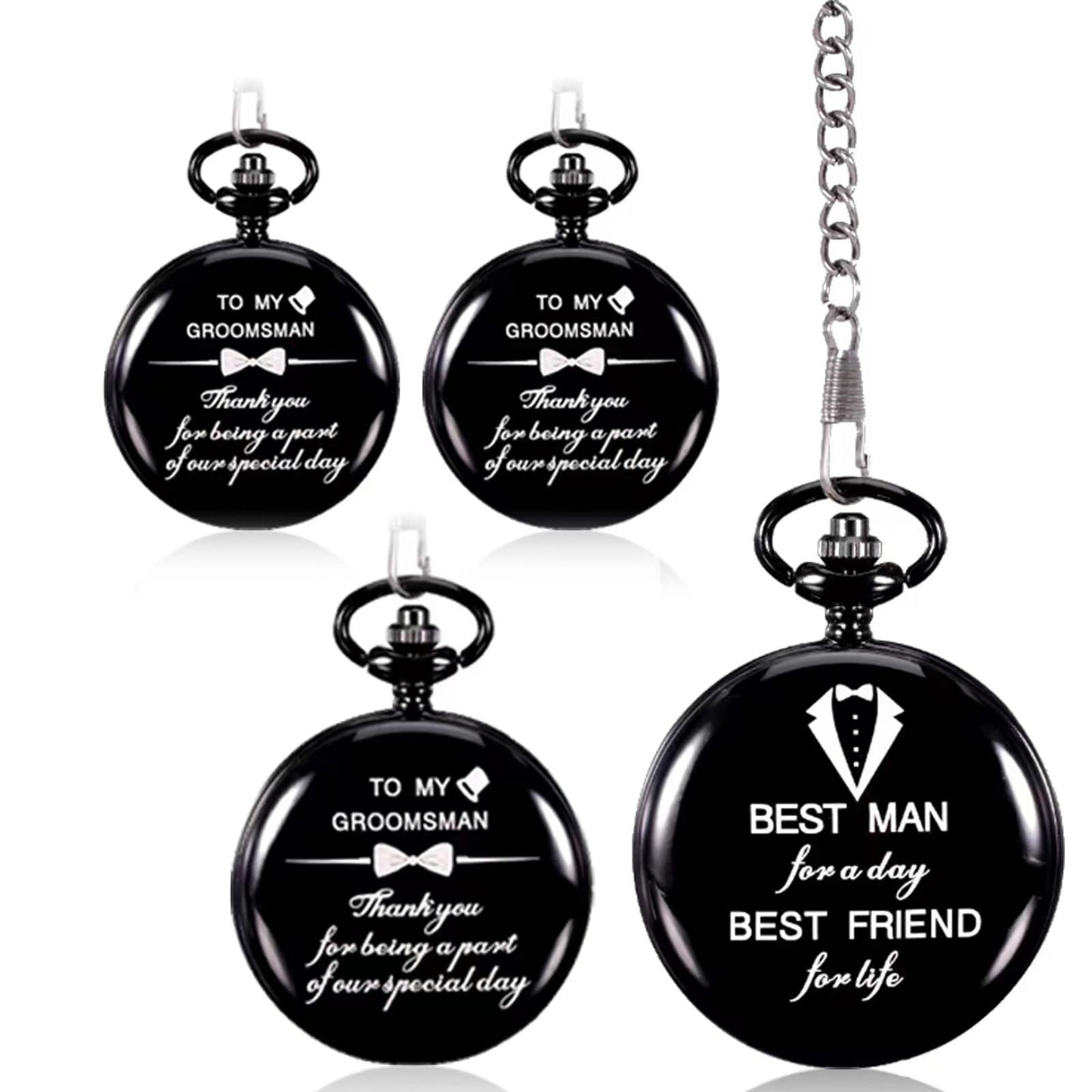 4 Pcs Groomsman Gifts for Wedding Groomsmen Engraved Pocket Watch Best Man Proposal Gifts Roman Numerals Quartz Pocket Watch Wedding Gifts with Chain for Groomsman Best Man