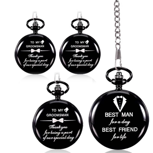 4 Pcs Groomsman Gifts for Wedding Groomsmen Engraved Pocket Watch Best Man Proposal Gifts Roman Numerals Quartz Pocket Watch Wedding Gifts with Chain for Groomsman Best Man