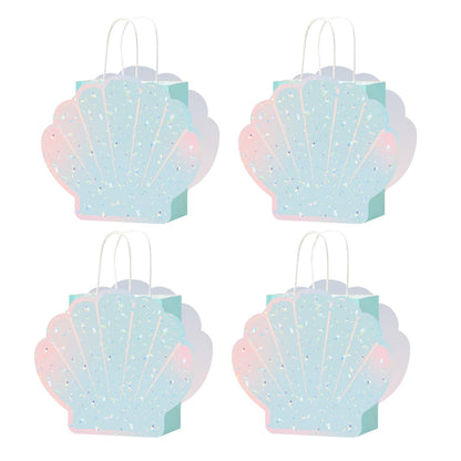 12 Pcs DIY Mermaid Them Party Favor Bags with Holographic Sea Shell Shaped Paper Cards for Under the Sea Ocean Mermaid Theme Birthday Party Supplies