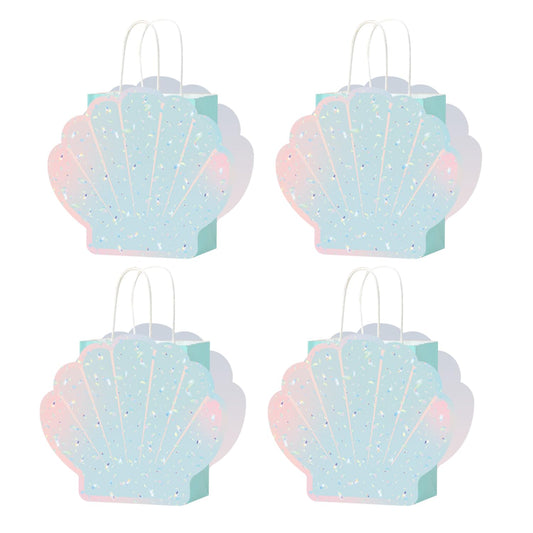 12 Pcs DIY Mermaid Them Party Favor Bags with Holographic Sea Shell Shaped Paper Cards for Under the Sea Ocean Mermaid Theme Birthday Party Supplies