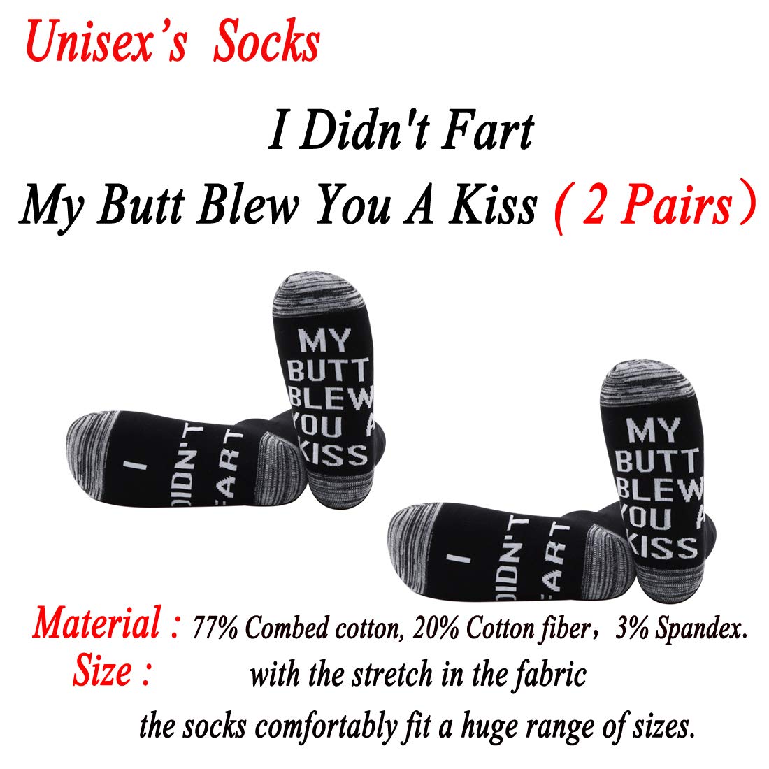 JXGZSO 2 Pairs Fart Joke Gift Fart Socks I Didn't Fart My Butt Blew You A Kiss Socks Poop Gift