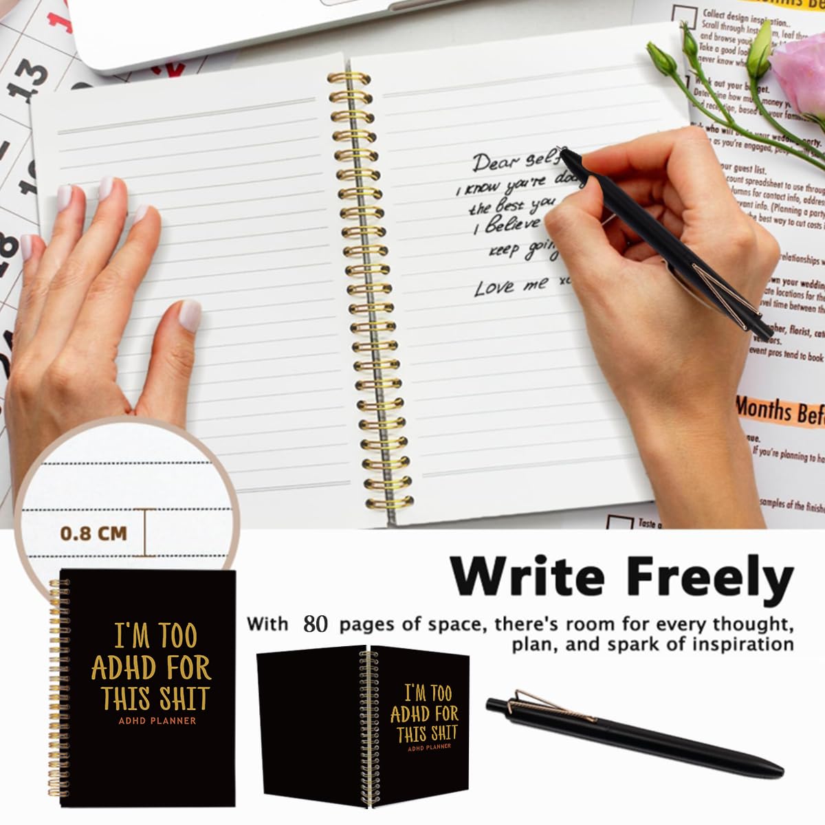 ADHD Planner for Adults Women - Funny A5 Spiral Notebook & Pen Set, Executive Functioning Journal, Sarcastic Office Must Haves, 80 Sheets College Ruled, Neurodivergent Gift, Black & Gold