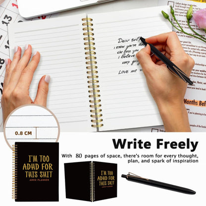ADHD Planner for Adults Women - Funny A5 Spiral Notebook & Pen Set, Executive Functioning Journal, Sarcastic Office Must Haves, 80 Sheets College Ruled, Neurodivergent Gift, Black & Gold
