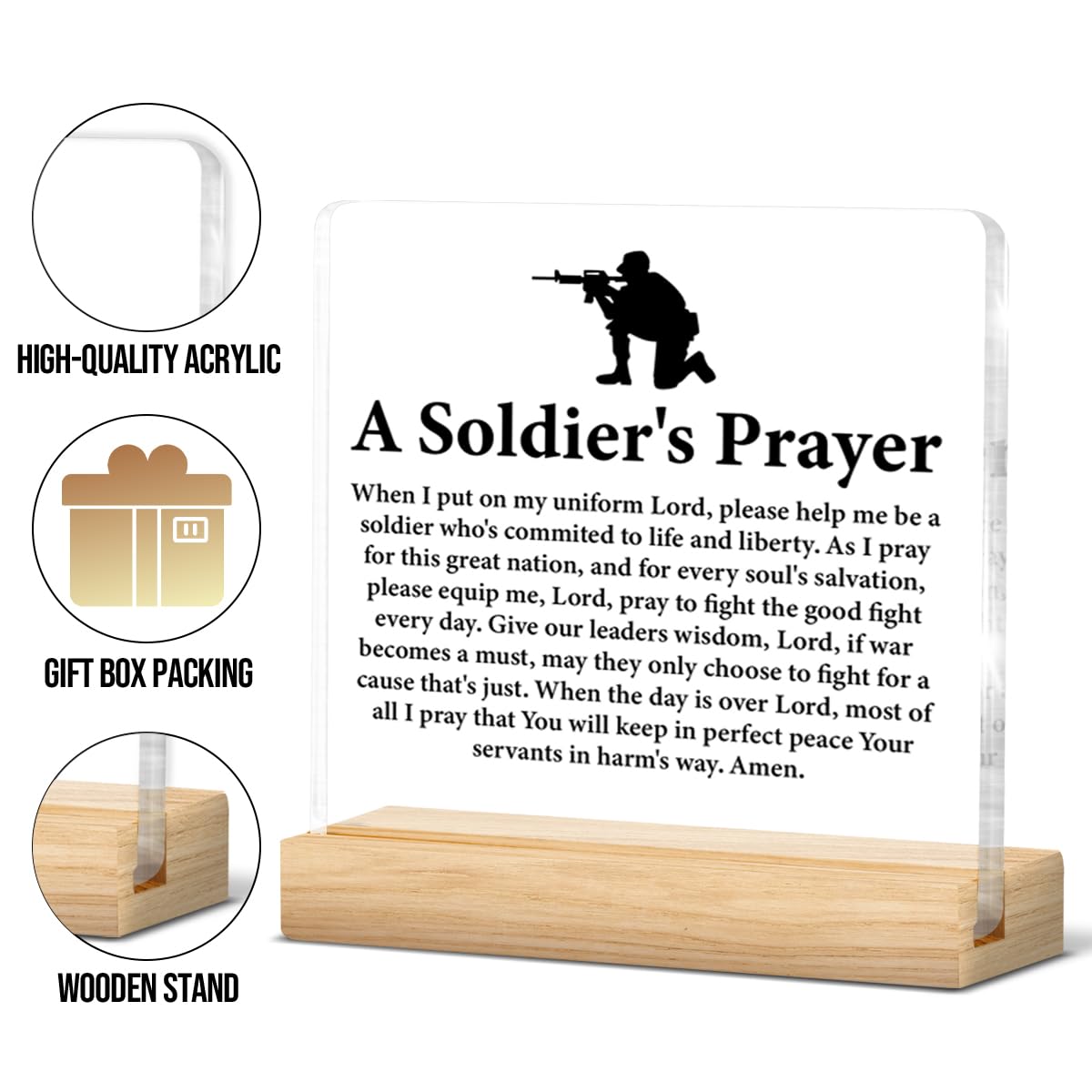 Army Gifts for Men, Religious Deployment Gift for Army Navy Air Force Soldier, a Soldier's Prayer Acrylic Sign Home Office Desk Decor