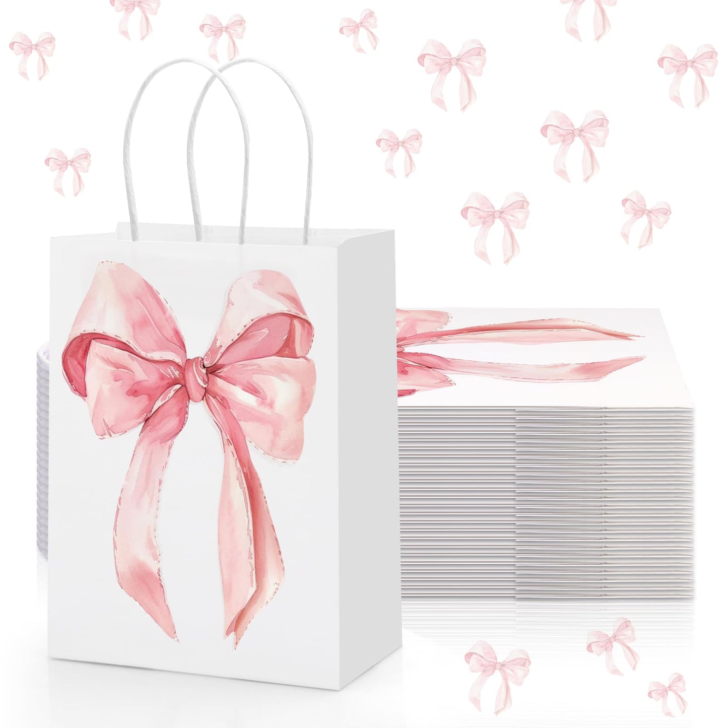 Draupnir 24PCS Coquette Pink Bow Paper Gift Bags, Party Favor Bags, Pink Goodie Bags for Birthday&Bachelorette Party Decoration Coquette Bow Gift Pouches with Handles 8.3x5.9x3.1 Inch