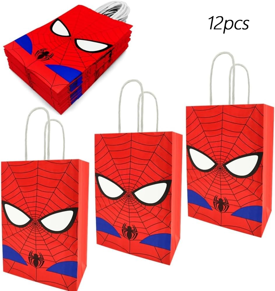 12 PCS of spidey-themed party gift bags. Made of kraft paper and equipped with handles, they are perfect for holding candies, snacks, etc. They are suitable for various festivals and birthday parties.