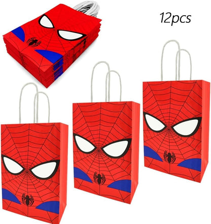 12 PCS of spidey-themed party gift bags. Made of kraft paper and equipped with handles, they are perfect for holding candies, snacks, etc. They are suitable for various festivals and birthday parties.