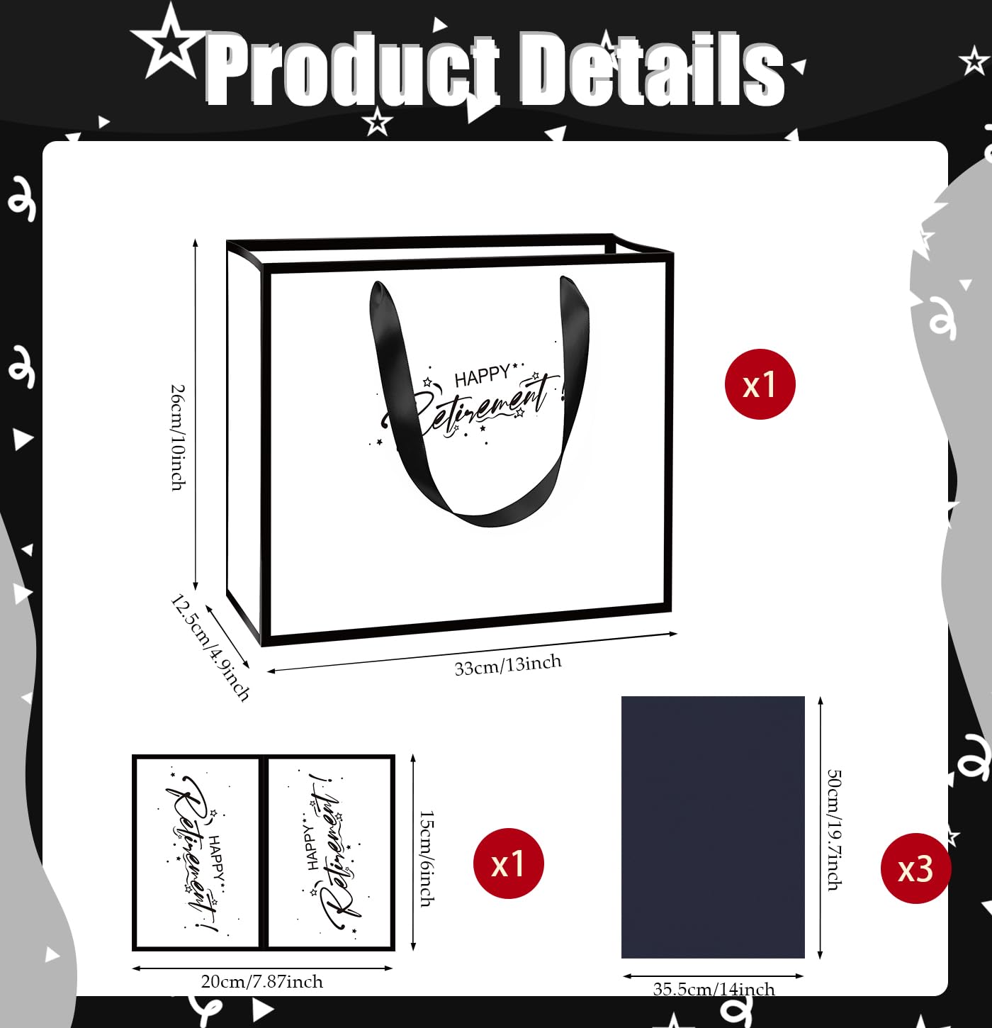 MUNILAIL 13 Inches Retirement Gift Bag Large White and Black Gift Bag with Handle Tissue Paper and Greeting Card for Women Men Retirement Going Away Farewell Party Large Paper Gift Bag
