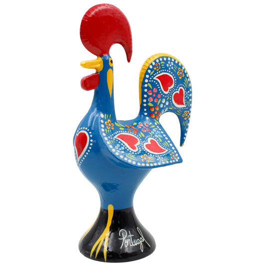 8.25" Traditional Hand-Painted Portuguese Good Luck Rooster Galo Barcelos Metal Figurine - Made in Portugal, Symbol of Good Luck & Prosperity - Collectible Souvenir (Blue)