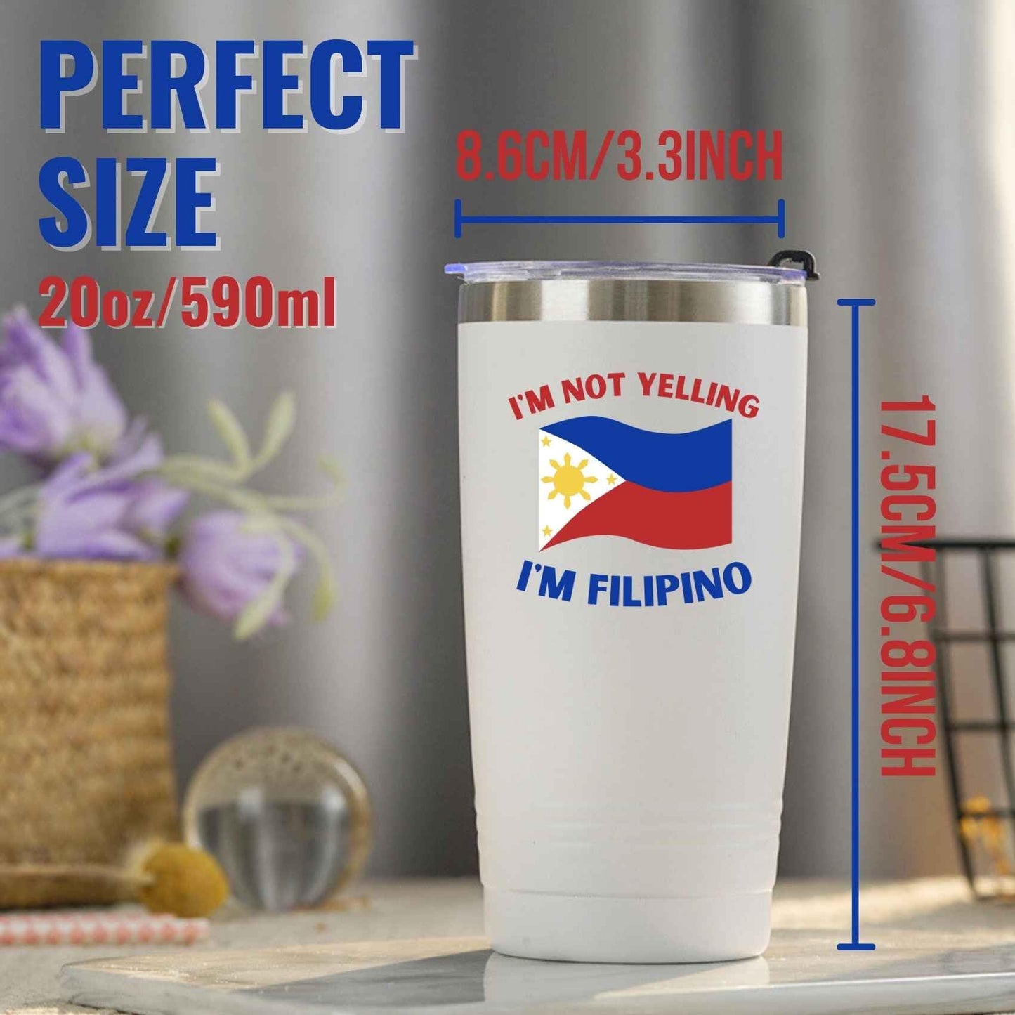 Onebttl Filipino Gifts with Philippines Flag, Filipino Philippines Souvenirs, 20oz Stainless Steel Insulated Travel Mug, Perfect for Filipino Men & Women on Birthday & Christmas - I'm Not Yelling