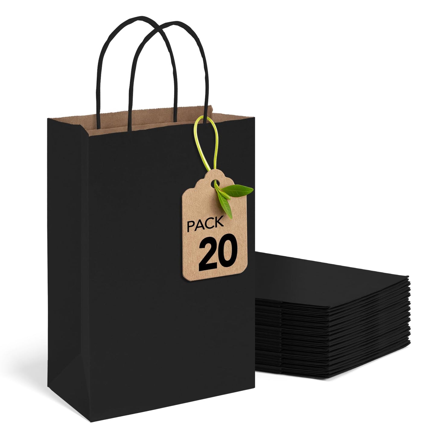 MESHA Black Paper Gift Bags 5.25x3.75x8 Inch 20pcs Small Paper Kraft with Handles Bulk,Grocery Shopping Wedding Party Favor Bag