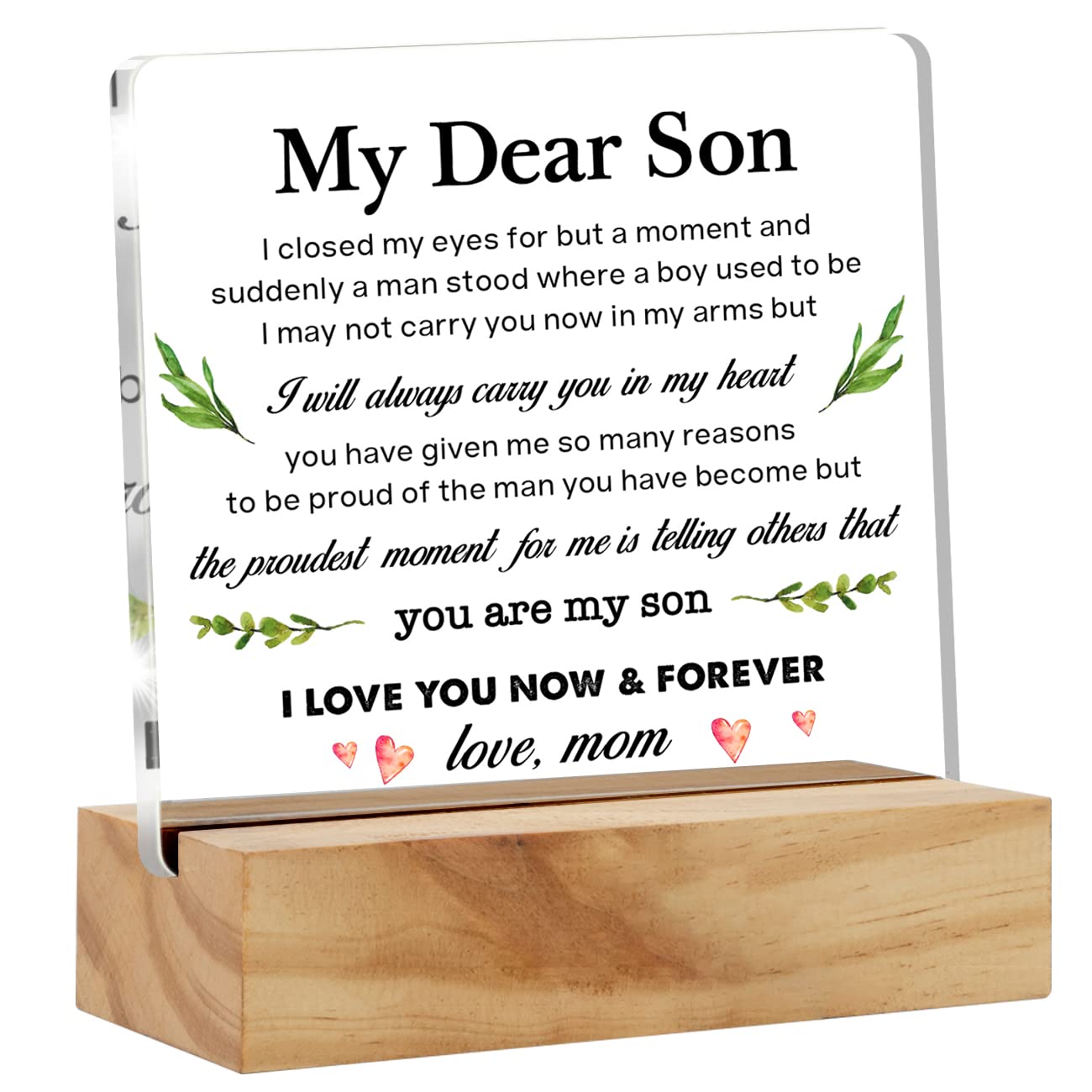 Mom's Gift to My Son: Acrylic Desk Plaque Sign with Wood Stand for Home Office