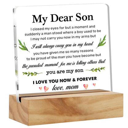 Mom's Gift to My Son: Acrylic Desk Plaque Sign with Wood Stand for Home Office