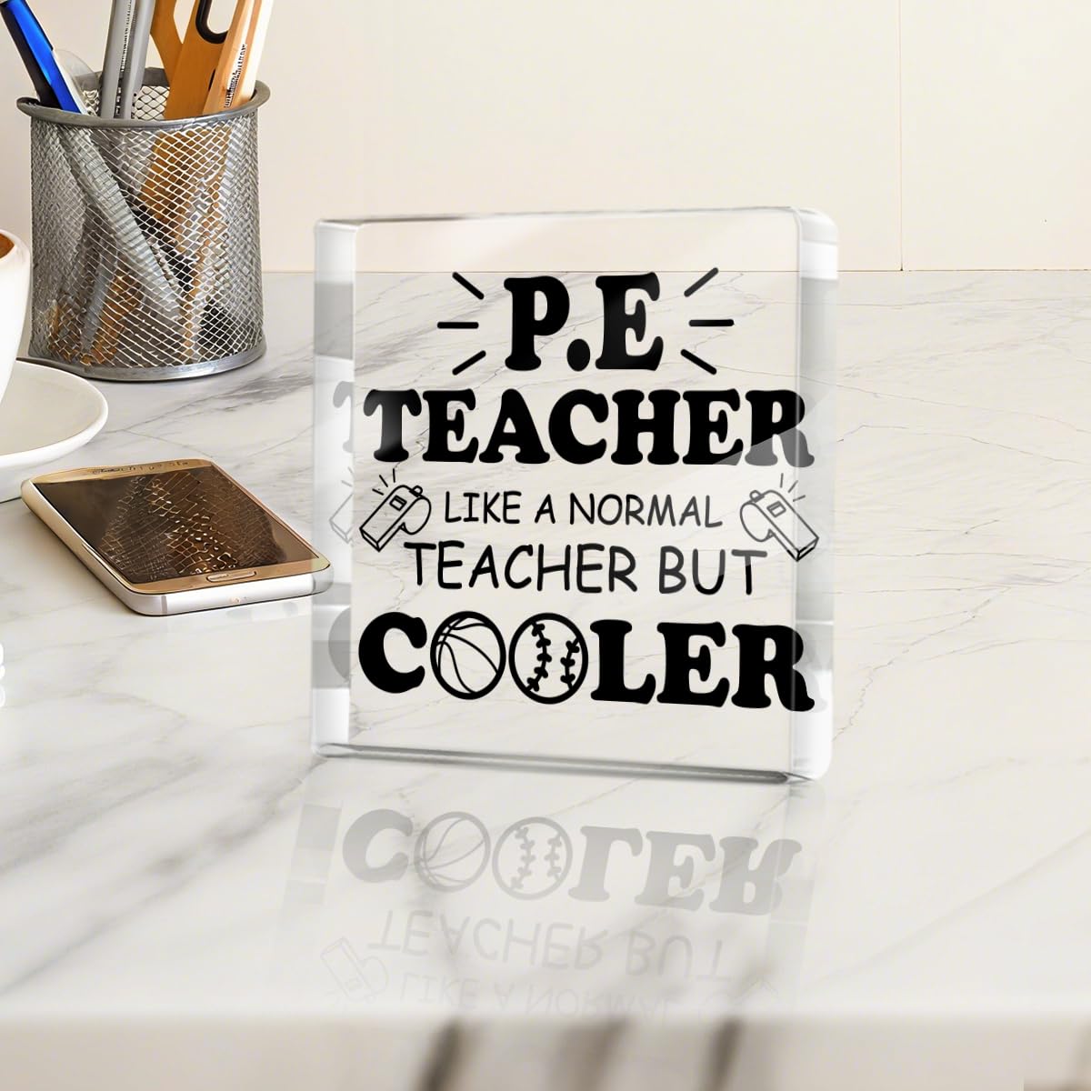 Physical Education Teacher Gift, Like a Normal Teacher But Cooler Acrylic Plaque Decor, Thank You Teacher's Day Gifts for PE Teachers Coach, Desk Decorative Signs for Home Desktop Shelf Cubicle
