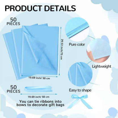 PerKoop 50 Packs Baby Shower Gifts Bags Bulk Baby Shower Favor Bags with Handle Paper and 50 Sheets Decorative Tissue Paper for Guests Gifts Gender Reveal(Blue)