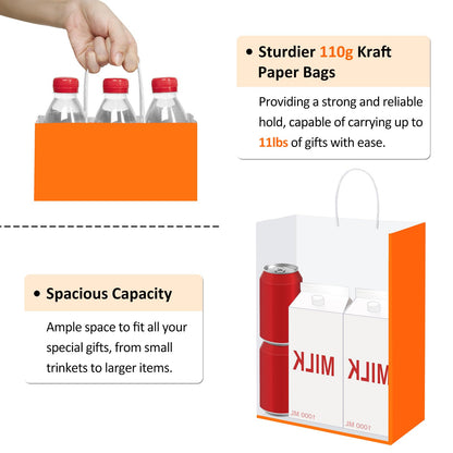 BagDream Orange Gift Bags 10x5x13 Large Kraft Paper Bags with Handles Bulk for Halloween, Sporting Party Favors, Fall Festivals, Shopping, Retail, Grocery Paper Sacks 100Pcs