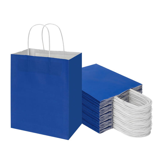 Toovip 50 Pack 8x4.75x10 Inch Medium Royal Blue Kraft Paper Bags with Handles Bulk, Gift Wrap Bags for Favor Grocery Retail Party Birthday Shopping Business Goody Craft Merchandise Take Out sacks