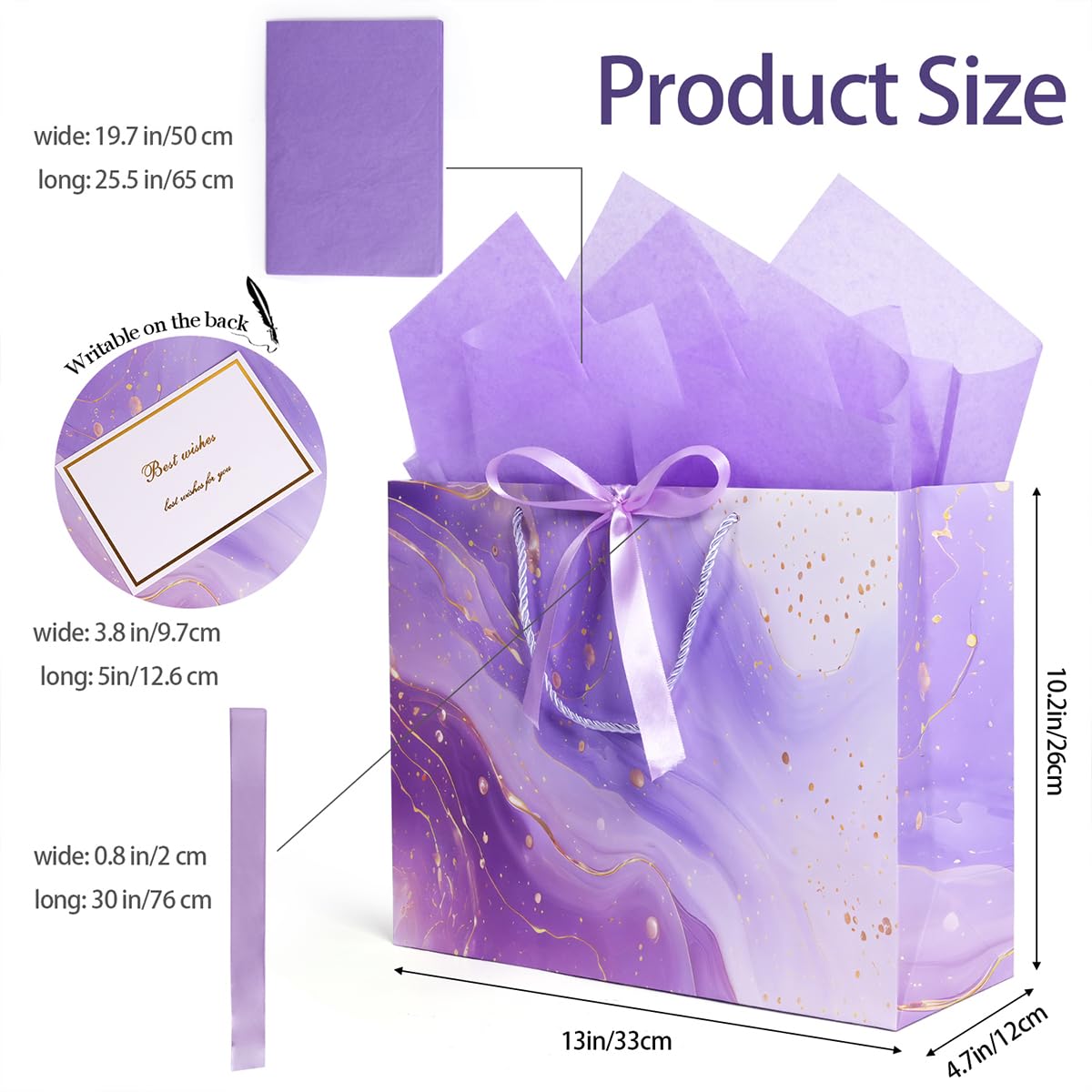 Purple Gift Bags, 2PCS 13” Large Gift Bags with Tissue Paper and Greeting Cards, Gift Bag with Handles Bow for Women Girls, Purple Gift Bags for Birthday Wedding Bridal Baby Shower Anniversaries