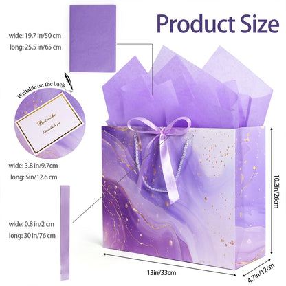 Purple Gift Bags, 2PCS 13” Large Gift Bags with Tissue Paper and Greeting Cards, Gift Bag with Handles Bow for Women Girls, Purple Gift Bags for Birthday Wedding Bridal Baby Shower Anniversaries